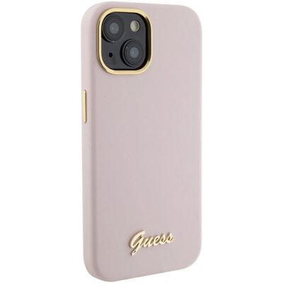 4. Guess Silicone Script Metal Logo & Frame case for iPhone 15 - pink