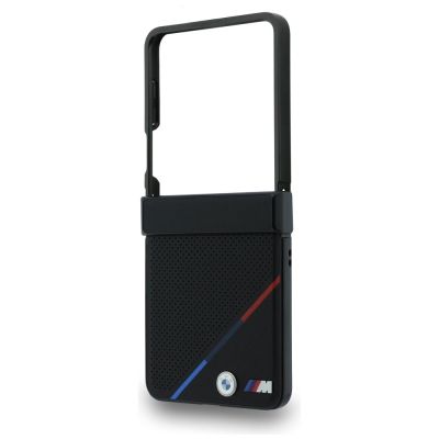 5. BMW M Leather Perforated Tricolor Stripe Metal Logos MagSafe Case for Samsung Galaxy Z Flip 8 - Black