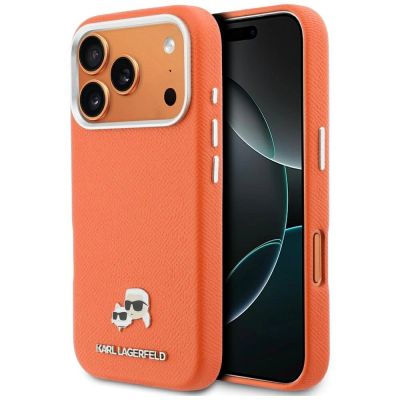 Karl Lagerfeld Karl & Choupette Head Pins Saffiano MagSafe Case for iPhone 17 Pro - Orange