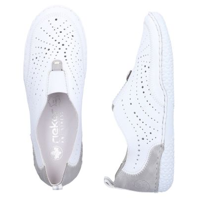 5. Women's leather openwork slip-on shoes, white Rieker 43663-80
